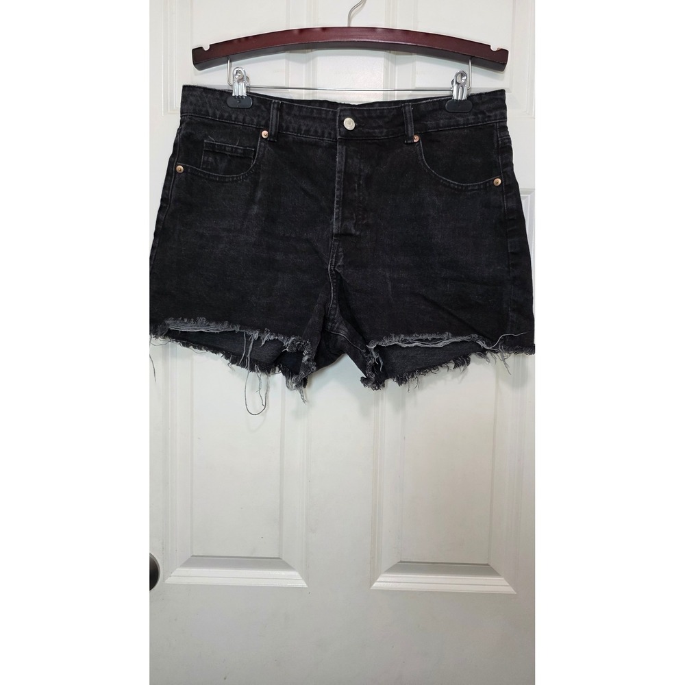 H&M Denim Shorts Womens 14 Black High Waist Raw Hem Button Fly Cut Offs